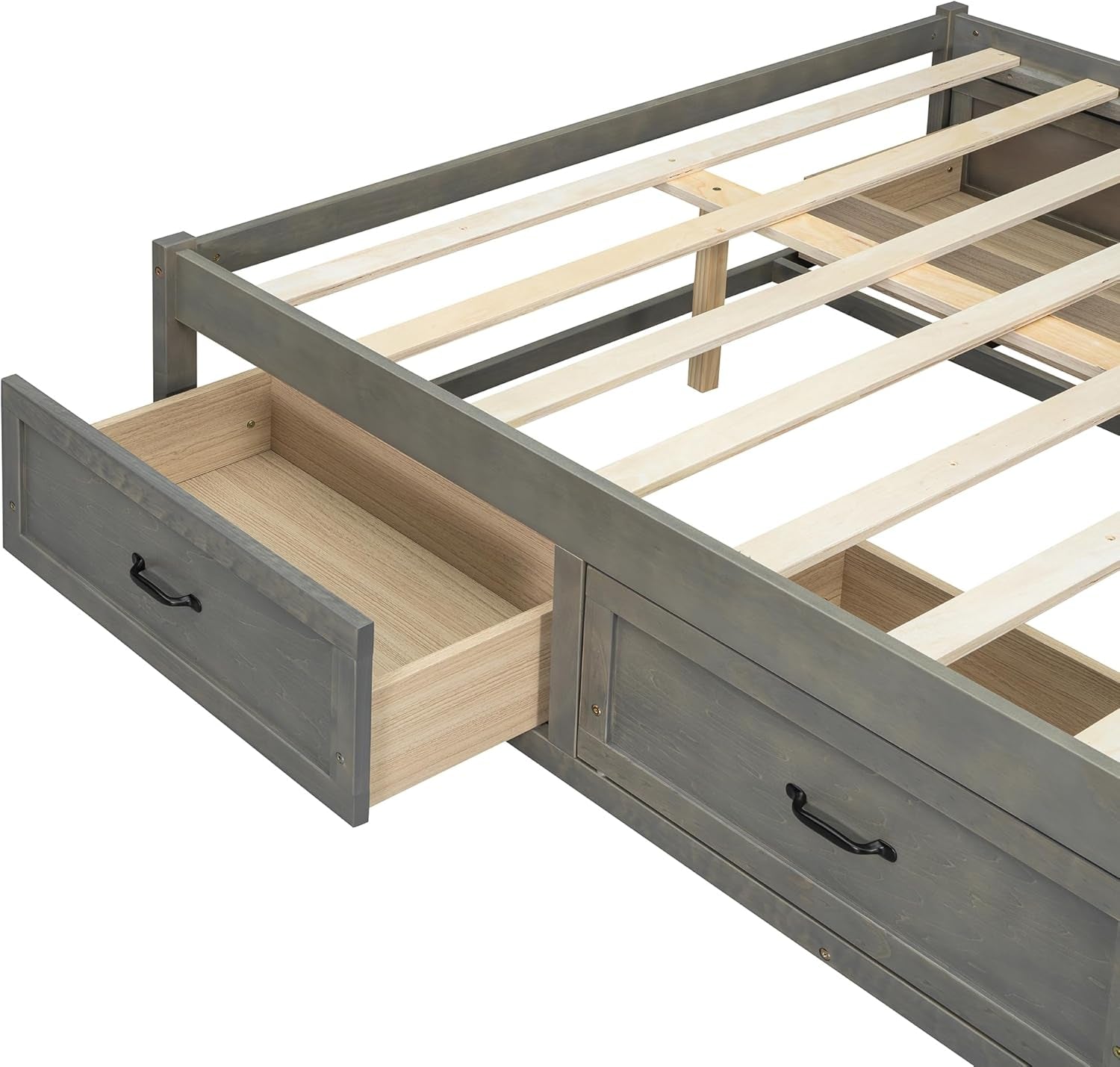 Full Size Platform Bed, Wooden Full Bed with 6 Storage Drawers, Antique Gray