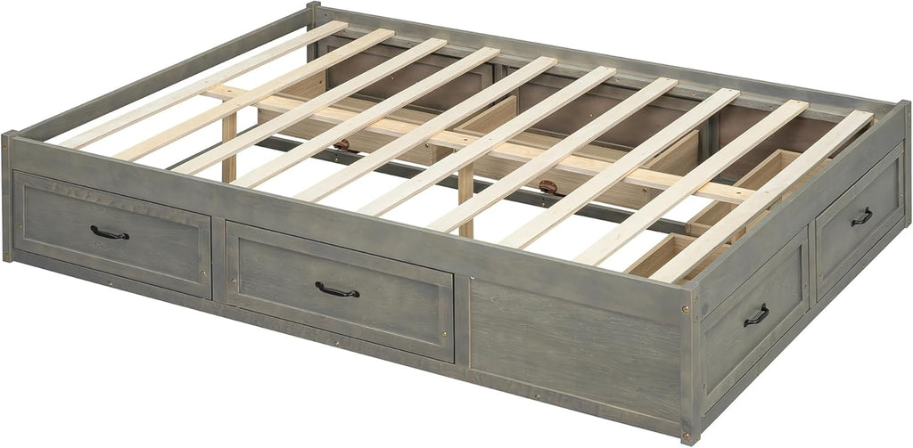 Full Size Platform Bed, Wooden Full Bed with 6 Storage Drawers, Antique Gray