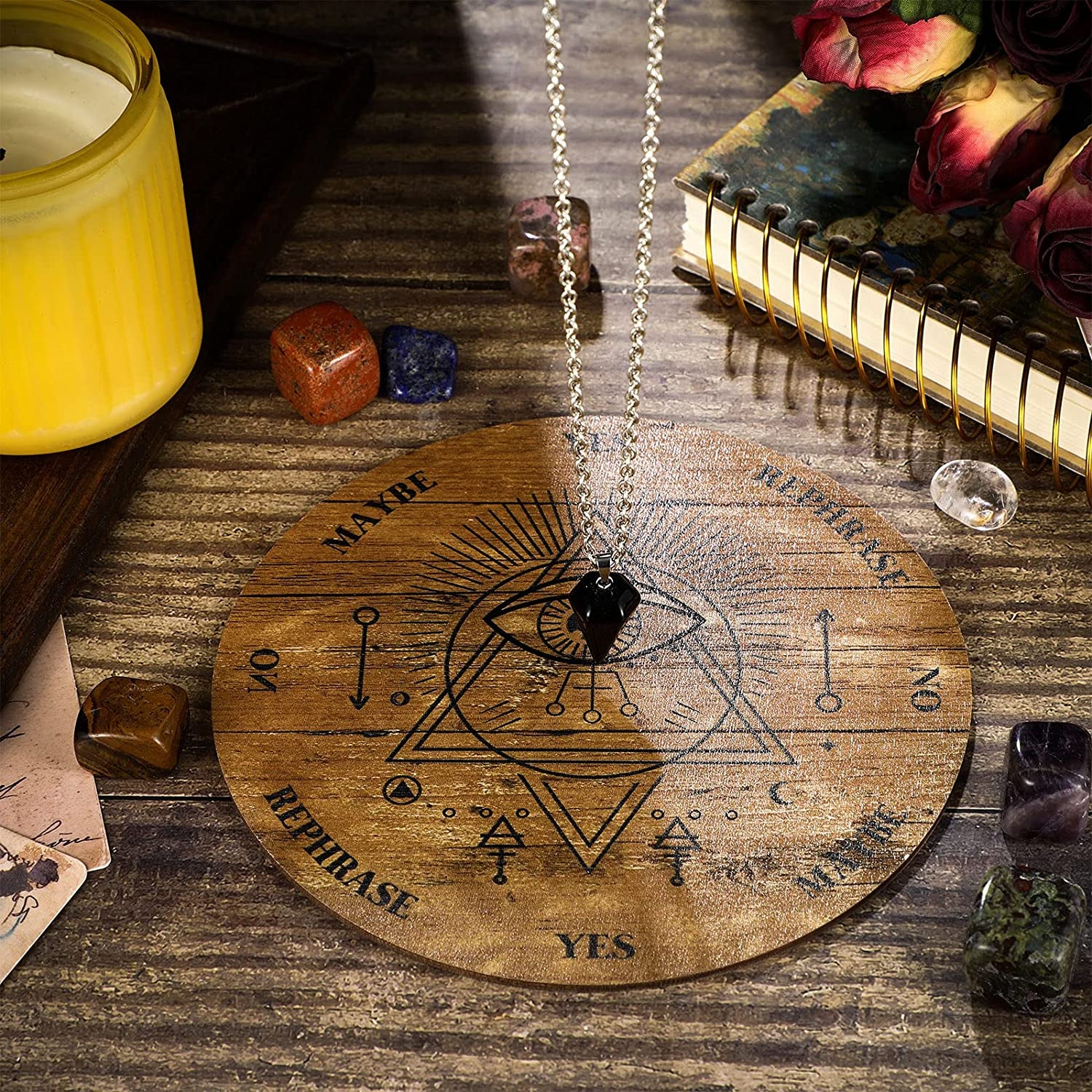 Wooden Pendulum Board Dowsing Divination Pendulum Witchcraft Altar Supplies with Crystal Necklace and Metaphysical Message Board Kit, 3.9 Inch(Wood Color)