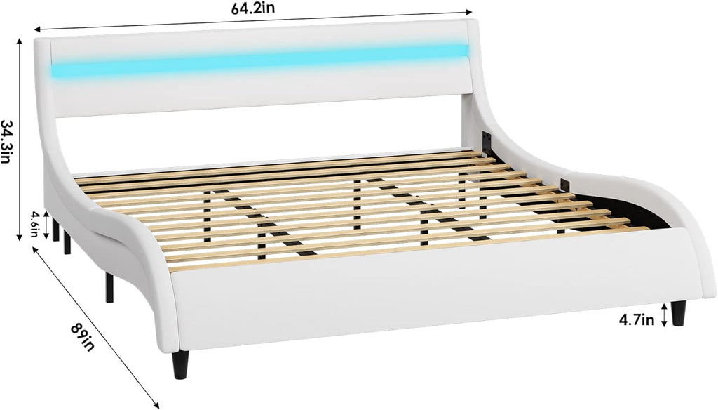 Modern Upholstered Platform Bed Frame with LED Lights and Curved Headboard, Faux Leather Wave-Like Platform Bed Frame, Strong Wood Slats Support, Easy Assembly, White, Queen Size