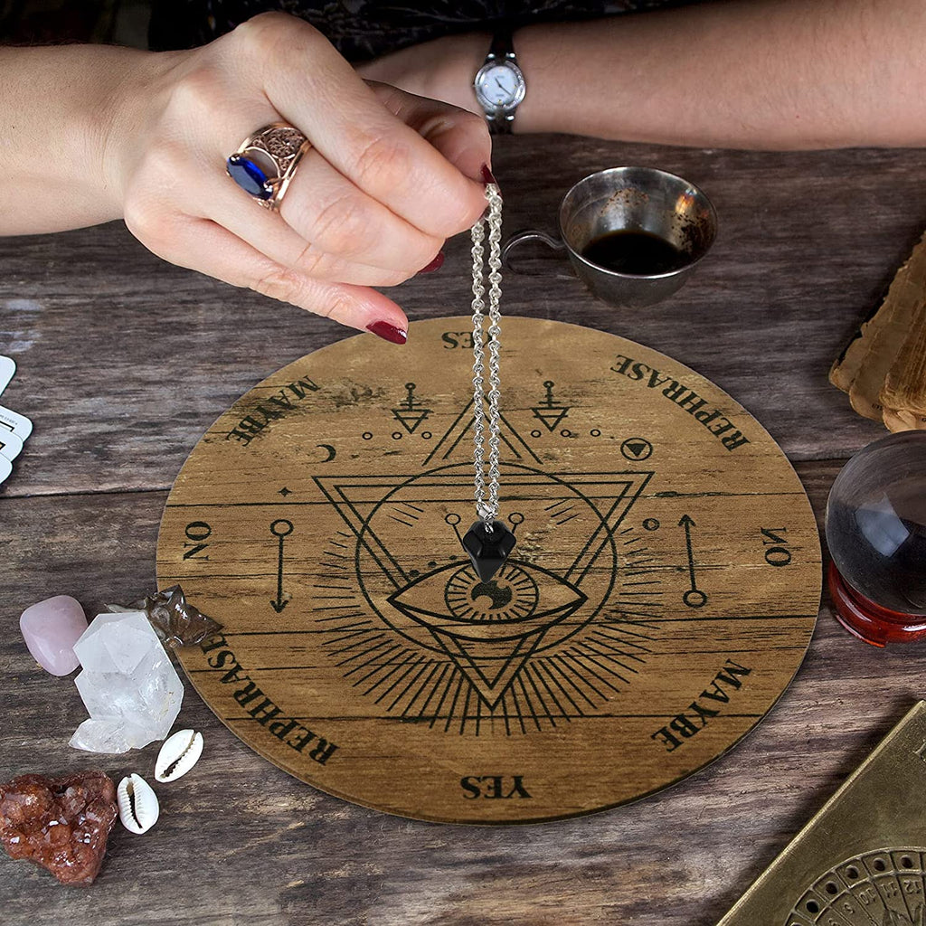 Wooden Pendulum Board Dowsing Divination Pendulum Witchcraft Altar Supplies with Crystal Necklace and Metaphysical Message Board Kit, 3.9 Inch(Wood Color)