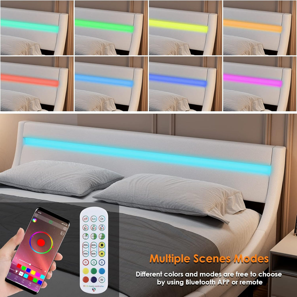Modern Upholstered Platform Bed Frame with LED Lights and Curved Headboard, Faux Leather Wave-Like Platform Bed Frame, Strong Wood Slats Support, Easy Assembly, White, Queen Size