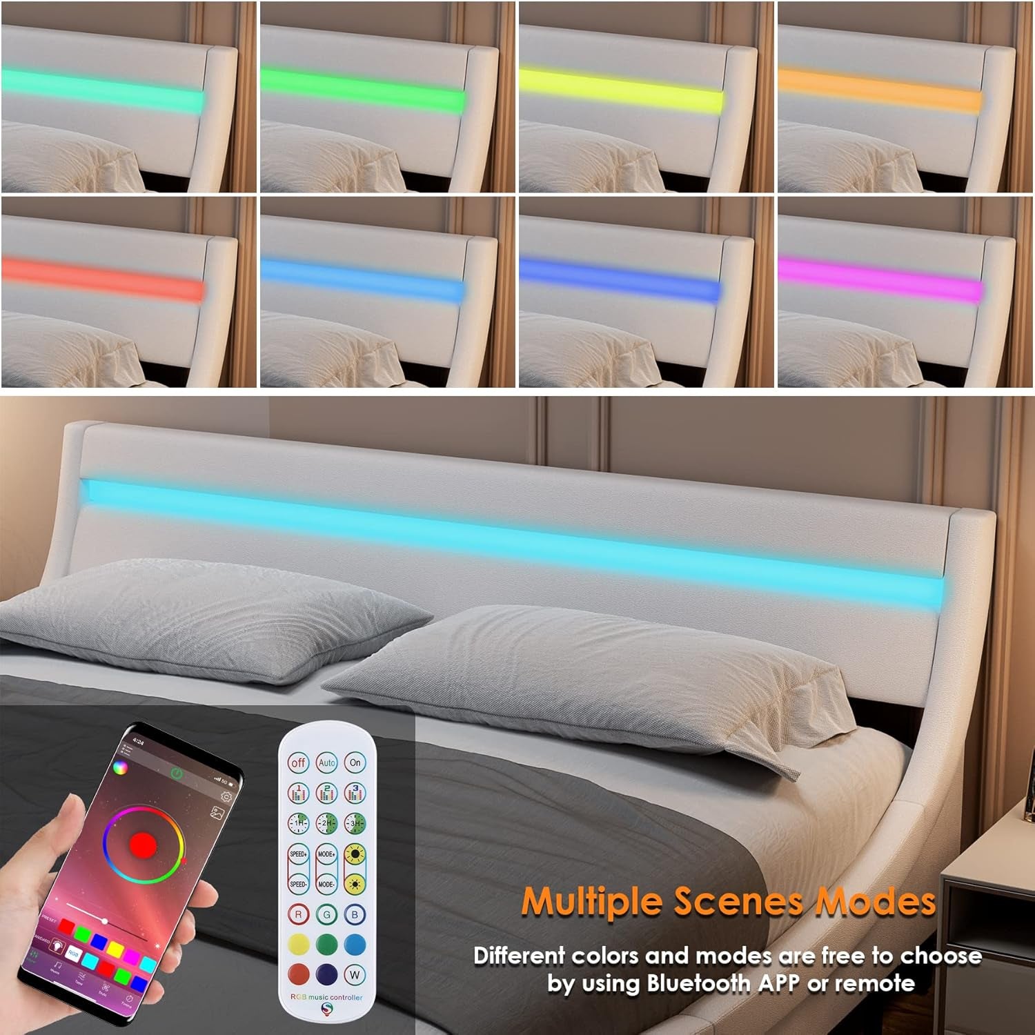 Modern Upholstered Platform Bed Frame with LED Lights and Curved Headboard, Faux Leather Wave-Like Platform Bed Frame, Strong Wood Slats Support, Easy Assembly, White, Queen Size