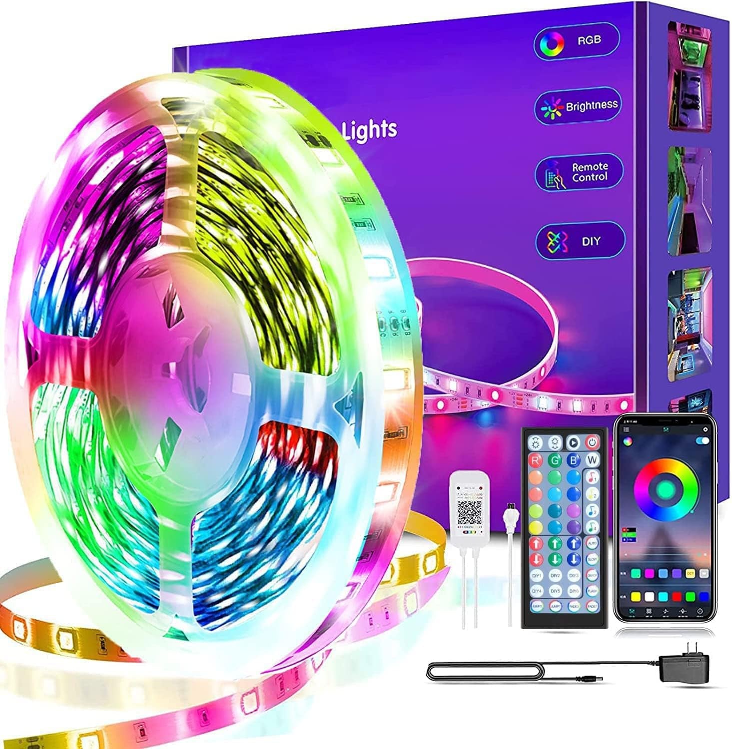 Smart APP Control Music Sync RGB Color Changing Led Strip Lights - 30Ft for Bedroom, Kitchen and Party
