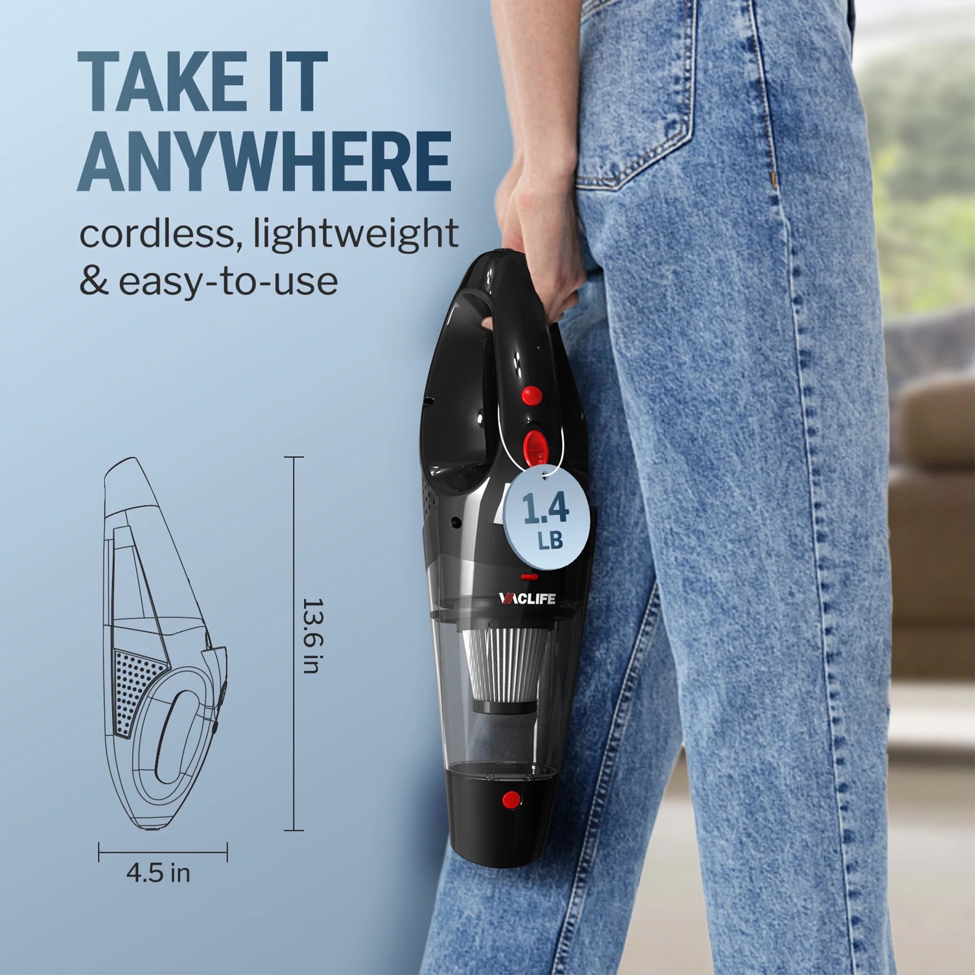 Handheld Vacuum, Car Vacuum Cleaner Cordless, Mini Portable Rechargeable Vacuum Cleaner with 2 Filters, Red (VL188)