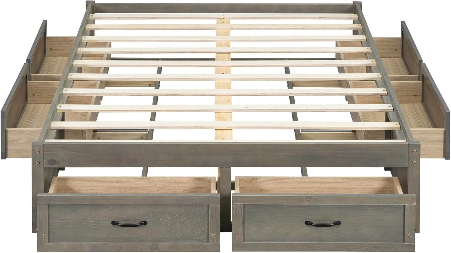Full Size Platform Bed, Wooden Full Bed with 6 Storage Drawers, Antique Gray