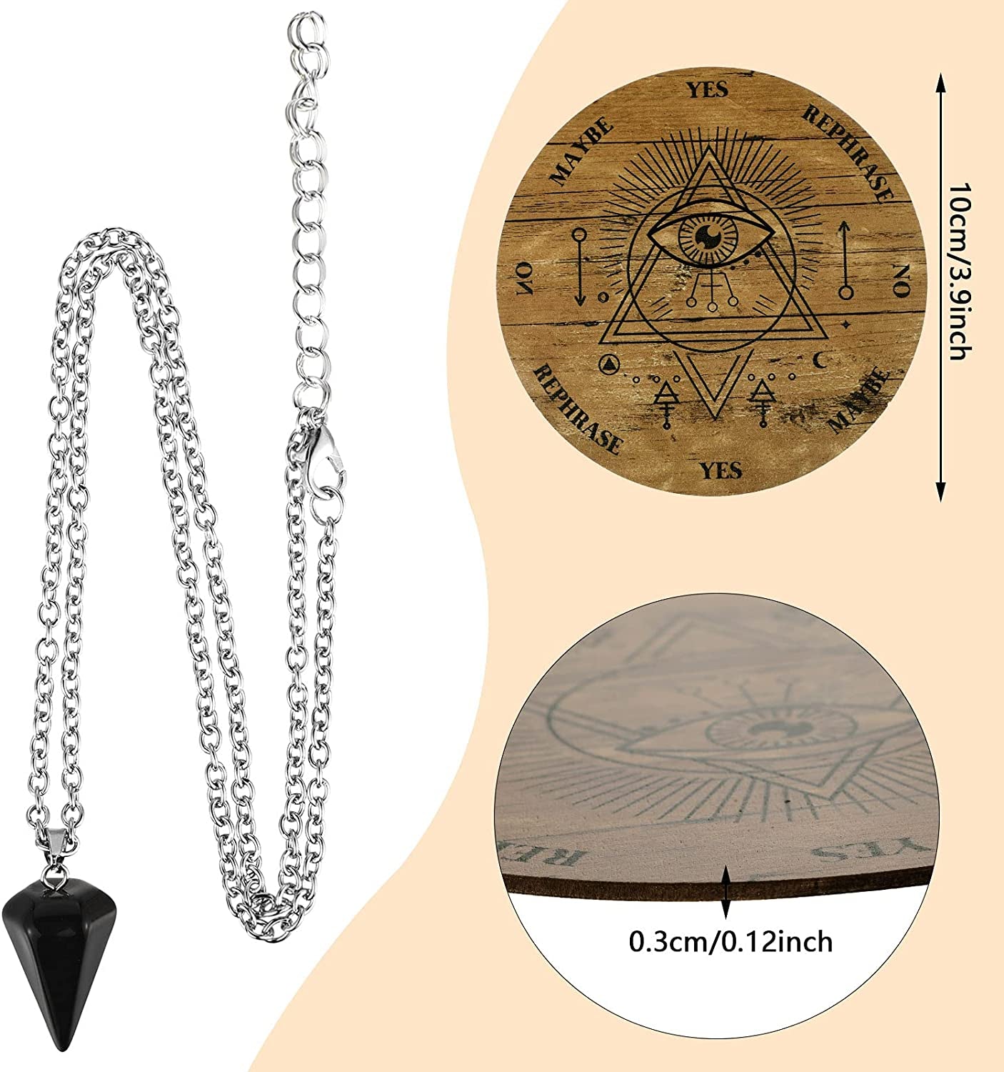 Wooden Pendulum Board Dowsing Divination Pendulum Witchcraft Altar Supplies with Crystal Necklace and Metaphysical Message Board Kit, 3.9 Inch(Wood Color)