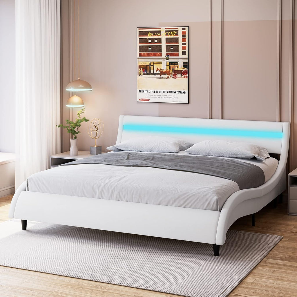 Modern Upholstered Platform Bed Frame with LED Lights and Curved Headboard, Faux Leather Wave-Like Platform Bed Frame, Strong Wood Slats Support, Easy Assembly, White, Queen Size