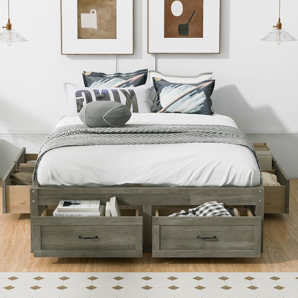 Full Size Platform Bed, Wooden Full Bed with 6 Storage Drawers, Antique Gray