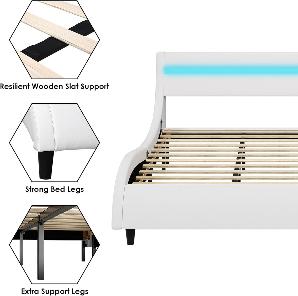 Modern Upholstered Platform Bed Frame with LED Lights and Curved Headboard, Faux Leather Wave-Like Platform Bed Frame, Strong Wood Slats Support, Easy Assembly, White, Queen Size