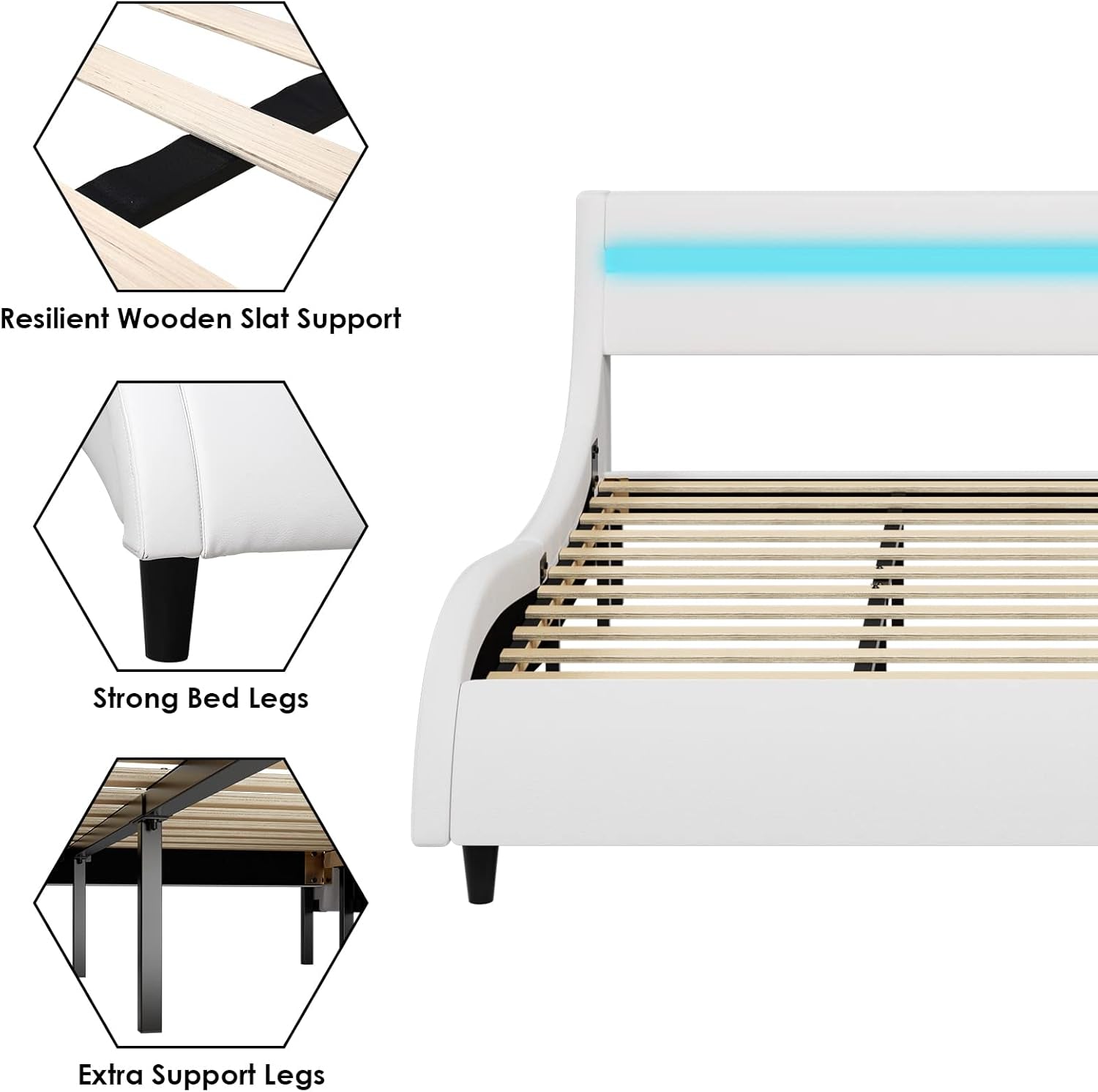 Modern Upholstered Platform Bed Frame with LED Lights and Curved Headboard, Faux Leather Wave-Like Platform Bed Frame, Strong Wood Slats Support, Easy Assembly, White, Queen Size